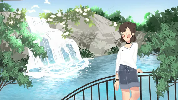 五一出游瀑布女孩 五一出游瀑布女孩