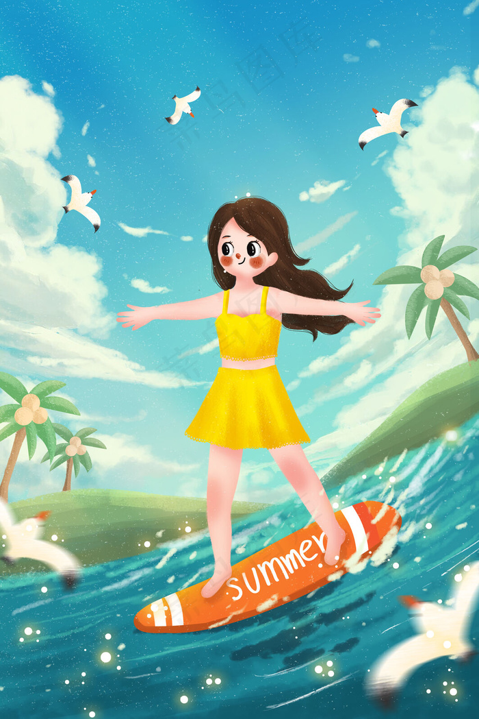 夏天女孩海边度假冲浪(3545*5315px 300 dpi )psd模版下载