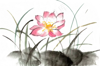 莲花盛开水墨画PNG免抠素材