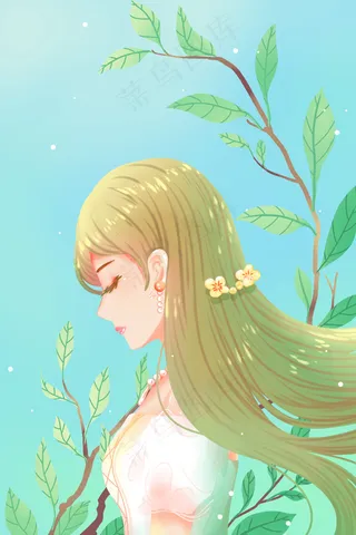 蓝色唯美卡通小清新美丽女人夏季节气配图