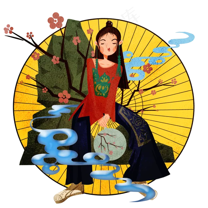 国潮可爱民族服饰少女油纸伞,免抠元素(3500X3500(DPI:300))psd模版下载