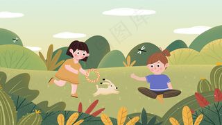 儿童节户外玩耍的女孩和小狗