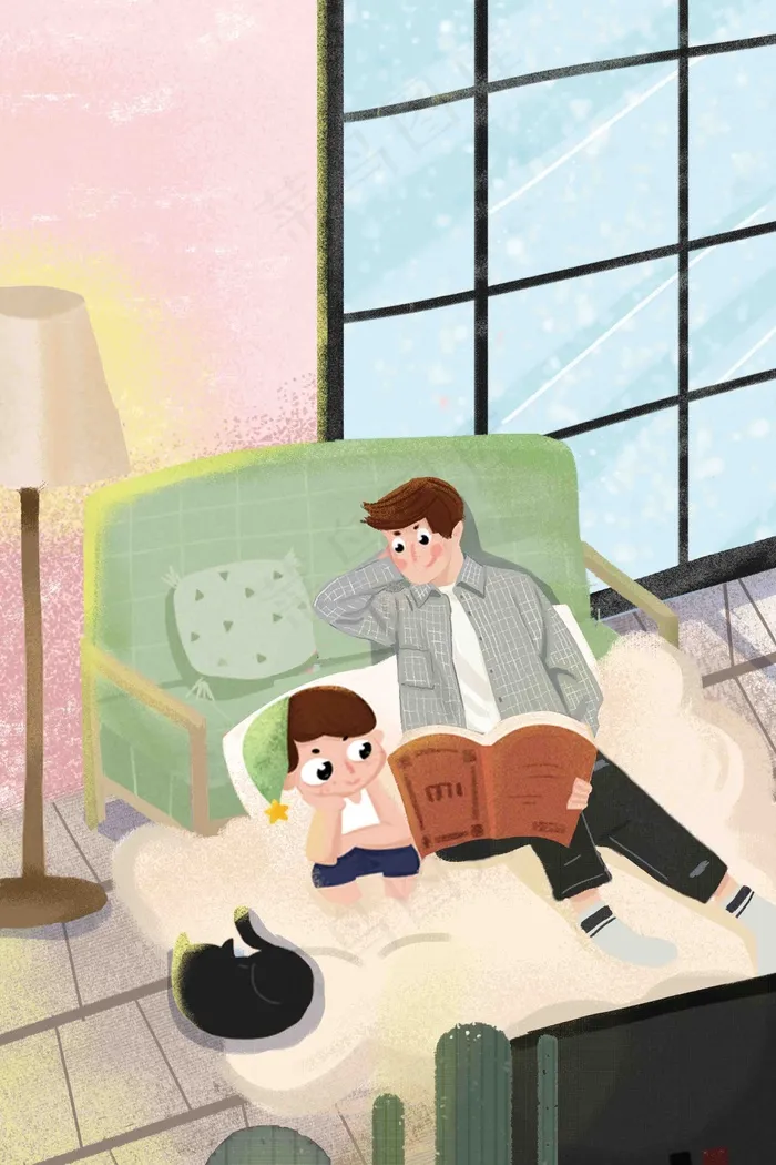 父亲节室内父子温馨阅读亲情温暖手绘风格插(3545*5315px 300 dpi )psd模版下载