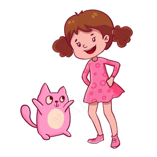 和小猫咪一起跳舞的小女孩手绘素