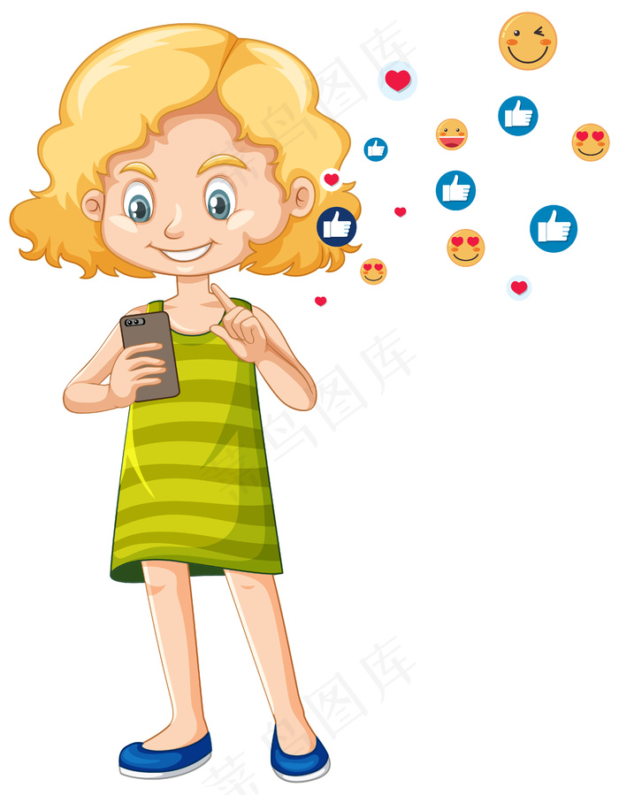 穿着绿色衬衫的女孩在白色背景上使用智能手机卡通人物