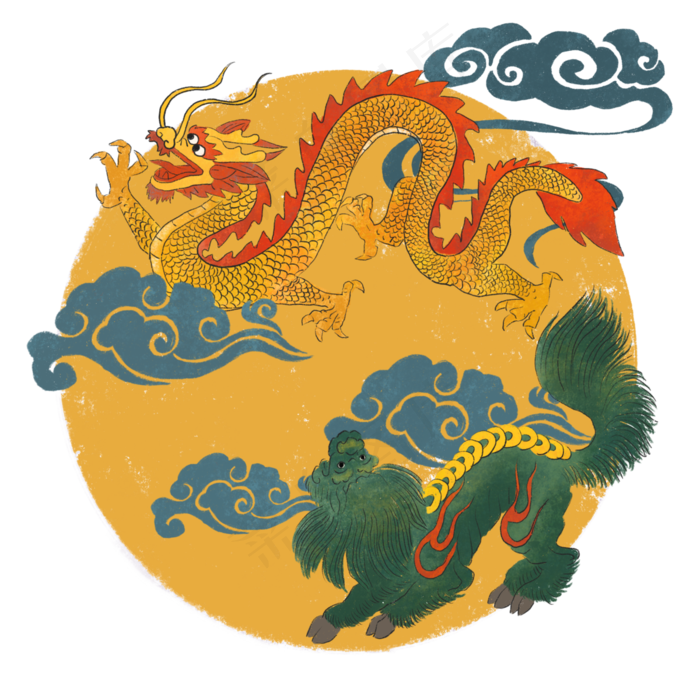 神龙国画水墨麒麟祥瑞中国传统PNG,免抠元素