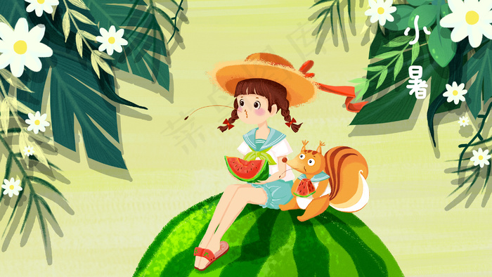 小暑大暑夏日红色肌理吃西瓜(2880*1620px 300 dpi )psd模版下载