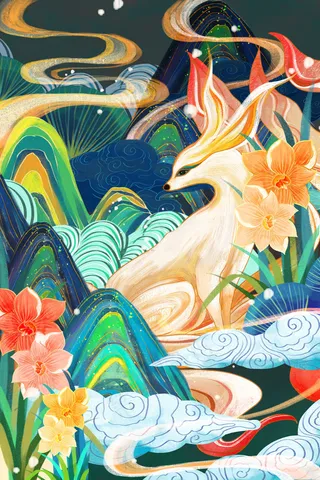 国潮风山海经九尾狐