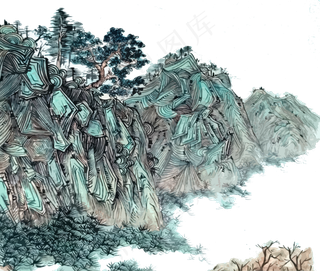 国画水墨线条山水PNG,免抠元素