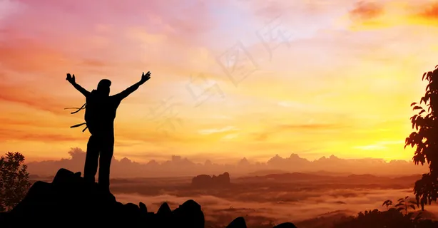创意合成夕阳下山顶上人物商业背景背景图片素材