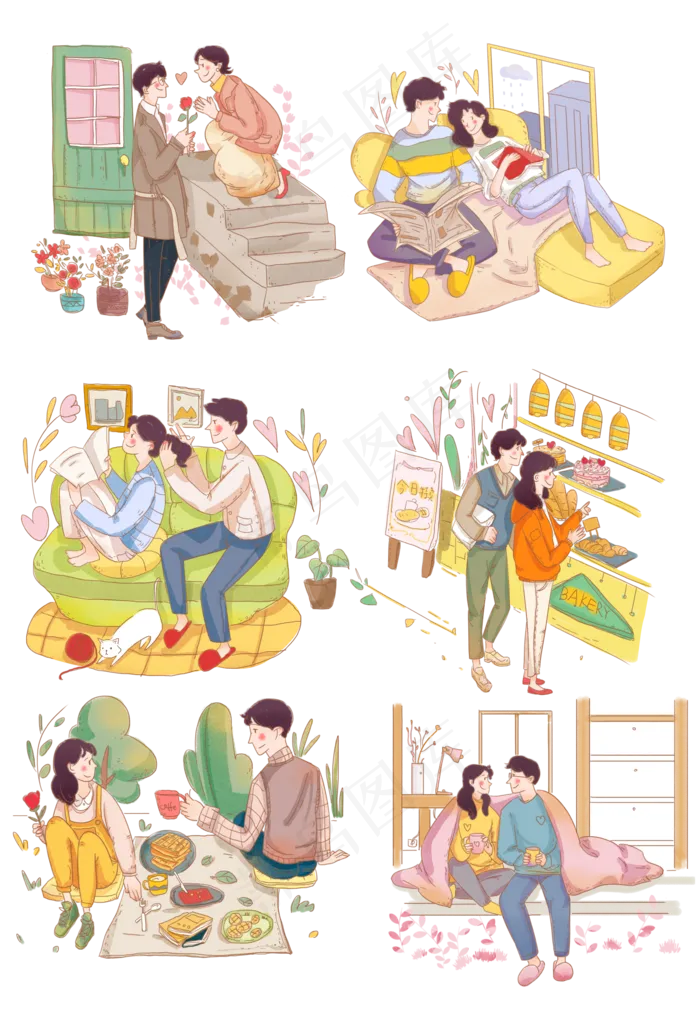 情人节情侣在家看书手绘插图(2000X2911(DPI:300))psd模版下载
