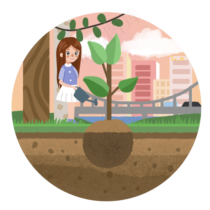 植树节女孩植树小清新手绘元素