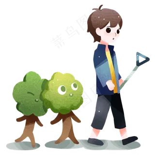 植树节两颗可爱的小树和小男孩插