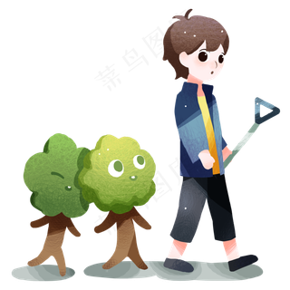 植树节两颗可爱的小树和小男孩插