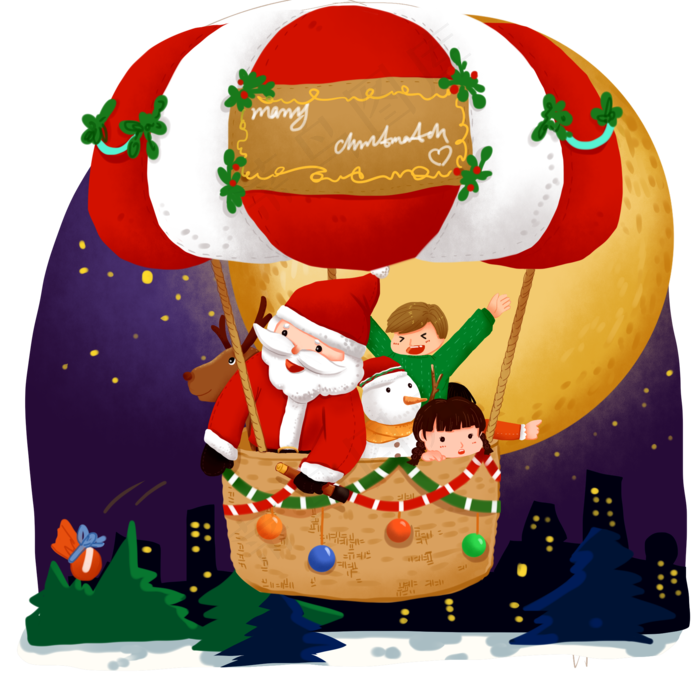 圣诞夜坐热气球送礼物的圣诞老人,免抠元素