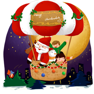 圣诞夜坐热气球送礼物的圣诞老人,免抠元素