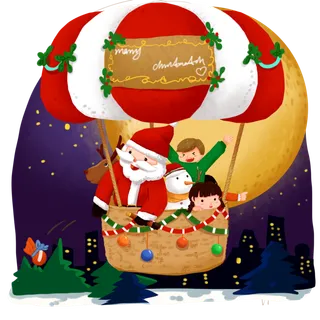 圣诞夜坐热气球送礼物的圣诞老人,免抠元素