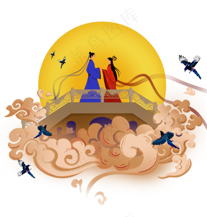 传统七夕节祥云喜鹊月亮牛郎织女