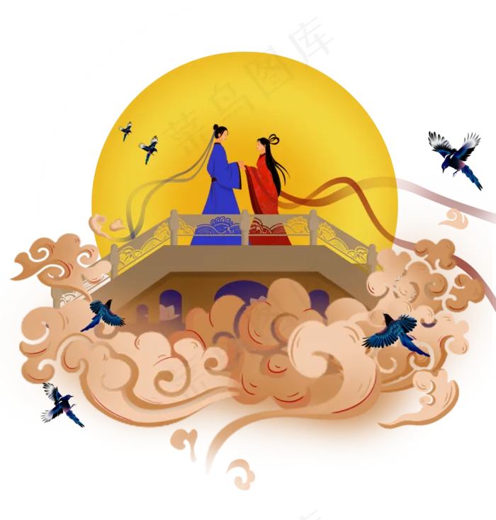 传统七夕节祥云喜鹊月亮牛郎织女(3545X3715(DPI:300))psd模版下载
