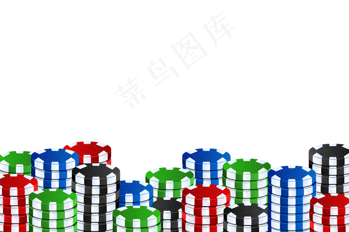白色背景上装饰和覆盖的逼真赌场筹码。赌博、扑克和机会游戏的概念。
