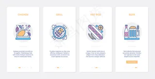 烧烤快餐和啤酒饮料，烧烤餐厅菜单。ux、ui车载手机app移动应用程序app集烤鸡、烧烤香肠、烧烤热狗和酒精饮料