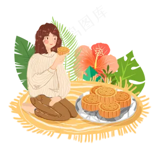 吃月饼中秋女孩png素材