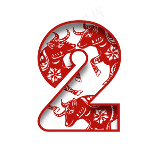 中国风红色剪纸牛年数字2
