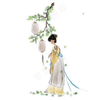 中国水墨赏灯的古代少女