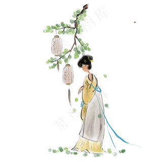 中国水墨赏灯的古代少女