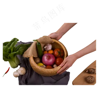 彩色手拿一篮子蔬菜元素