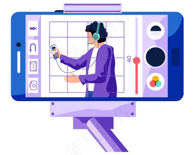 蓝衣人戴着耳机，手里拿着电话。穿着紫色毛衣的男主角正在唱歌和录音。一个人通过固定在单脚架上的电话观看广播