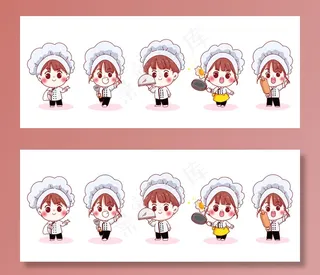 一套不同姿势的微笑可爱厨师卡通插图