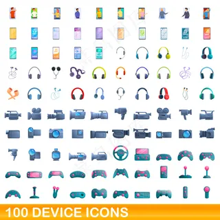 设置100个设备图标。在白色背景上设置100个设备图标的卡通插图 设置100个设备图标。在白色背景上设置100个设备图标的卡通插图