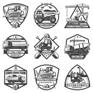 复古单色建筑标签，带有铭文建筑设备卡车起重机推土机挖掘机隔离