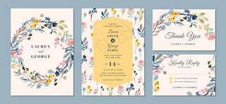 婚礼请柬套房，有美丽的花卉背景水彩画
