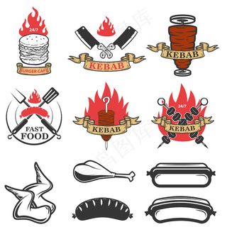 一套快餐标志和元素。烤肉串。标志、标签、徽章、标志的设计元素。插图