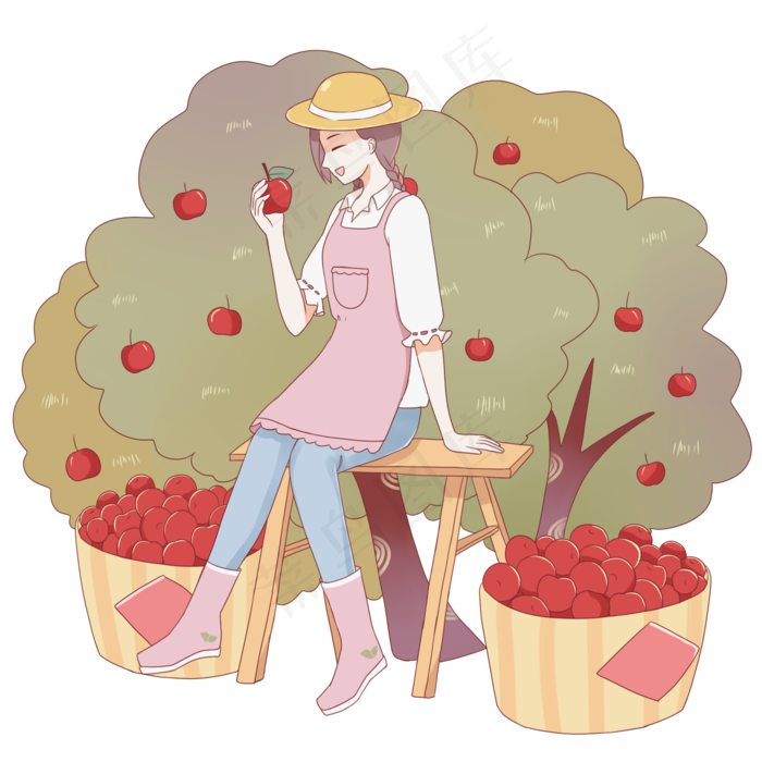 秋季果园女孩手绘插画