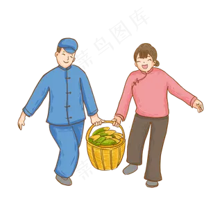 收获玉米的夫妻卡通元素