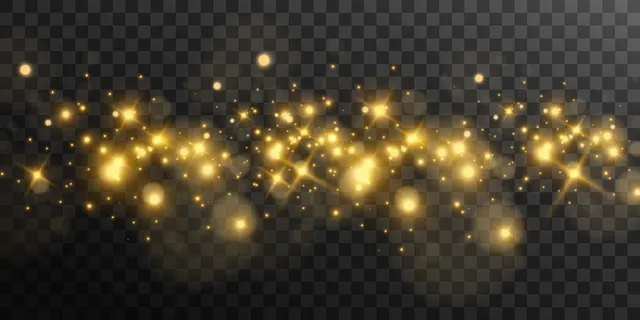 明亮美丽的金色火花在透明的背景上。