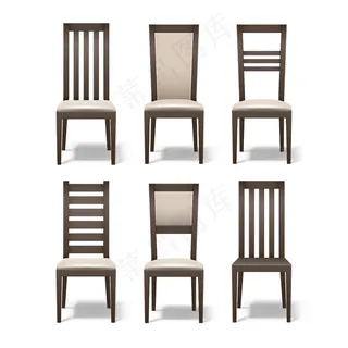 不同棕色木制房间椅子的矢量集，带有柔软的米色软垫，隔离在白色背景上