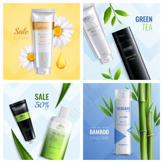 四方有机化妆品成分集销售季节绿茶竹剃须泡沫描述矢量图