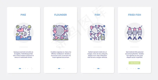 烹调鱼和海鲜技术，炸鱼菜单。ux，ui车载手机app移动应用程序app设置新鲜生炸比目鱼符号，在厨房烹饪海洋食品