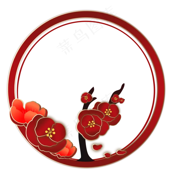 梅花红色金色圆边框手绘(2000X2000(DPI:300))psd模版下载