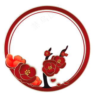 梅花红色金色圆边框手绘