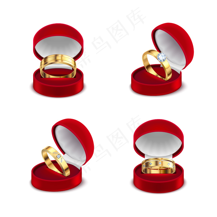 婚礼订婚金戒指在打开的红色首饰盒中4套真实的白色背景插图eps,ai矢量模版下载