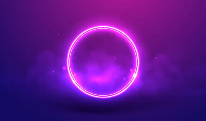 雾和星尘矢量图中紫色背景上的霓虹灯环。夜光圆框作为未来网络空间的可视化。虚拟现实中烟雾中的圆圈概念eps,ai矢量模版下载