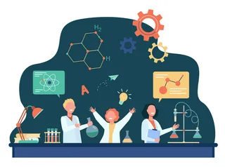 性格开朗的孩子在化学课平面插图中学习。