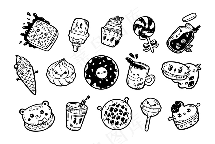 卡瓦伊卡通风格涂鸦甜蜜的人物集。收集表情脸图标糖果店。手绘黑墨插图，白色背景。