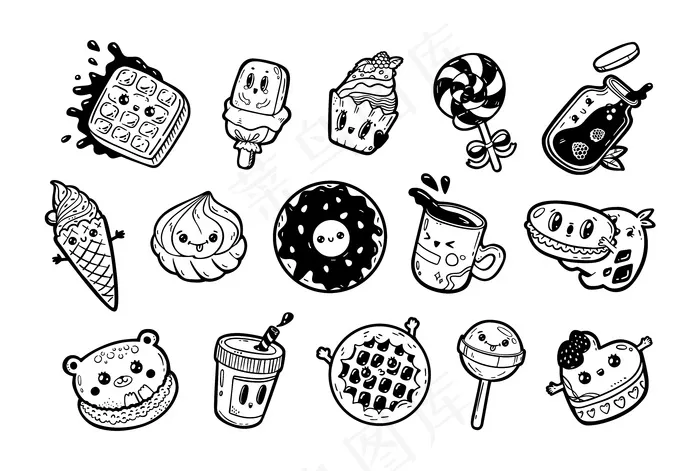 卡瓦伊卡通风格涂鸦甜蜜的人物集。收集表情脸图标糖果店。手绘黑墨插图，白色背景。