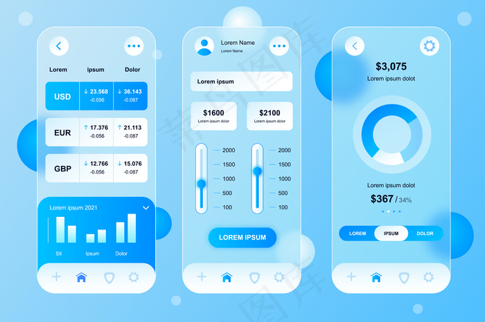 用于手机app移动应用程序appui ux gui屏幕集的Finance glassmorphic design neumorphic元素工具包eps,ai矢量模版下载
